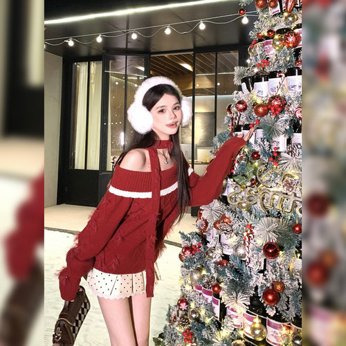 圣诞红色一字肩针织衫毛衣女2025
