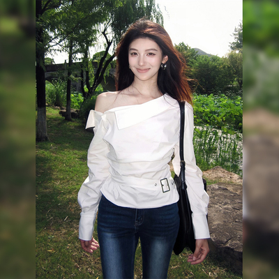 高级感绝美减龄斜肩长袖衬衫秋季