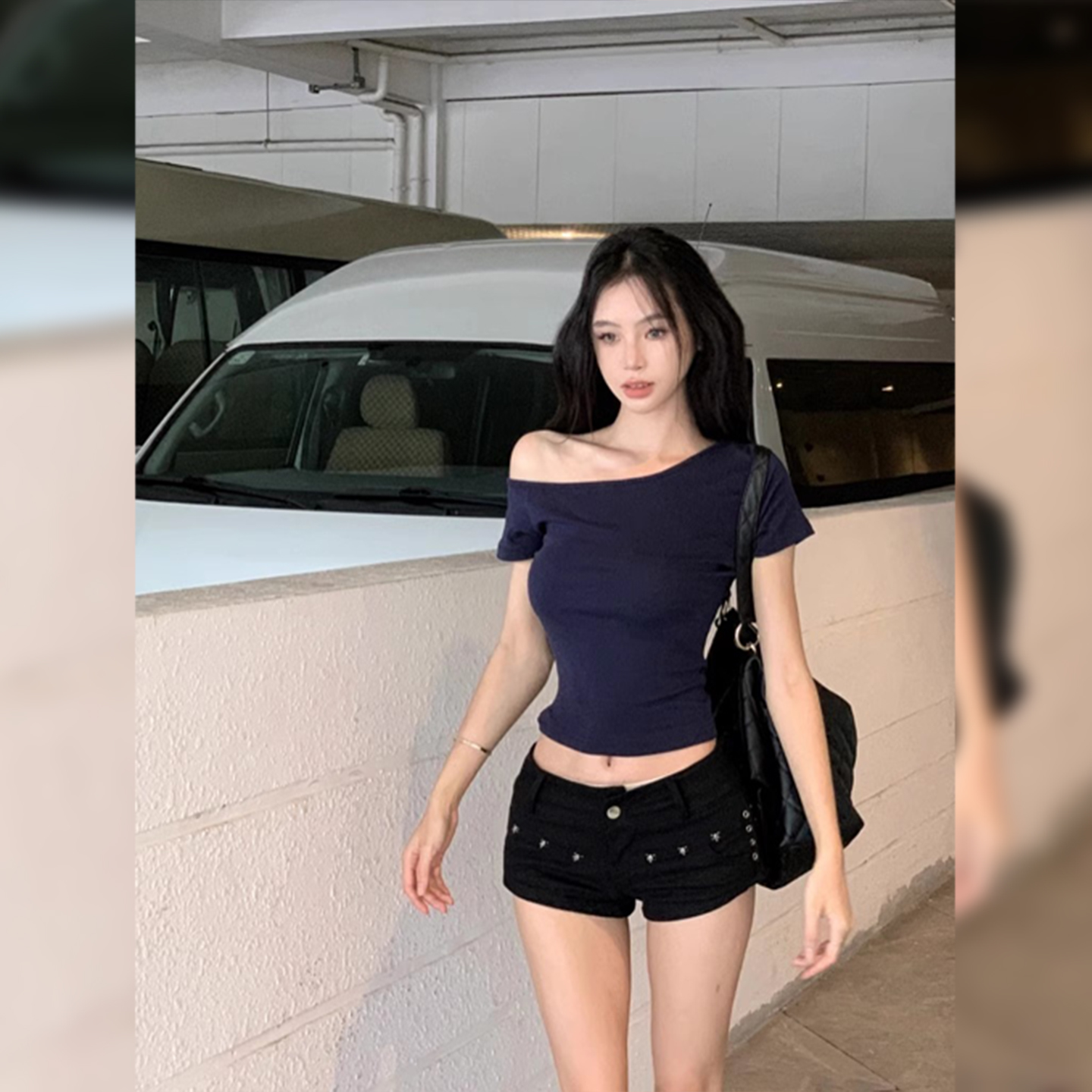 深蓝色辣妹斜肩短袖修身T恤夏季