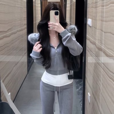 灰色卫衣一整套秋冬外套喇叭裤