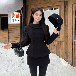 韩系修身收腰黑色毛呢西装外套女冬季半身短裙子短款呢子大衣套装