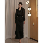 收腰翻领衬衫 纯欲轻奢御姐风黑色长袖 连衣裙女早秋季 半身裙两件套