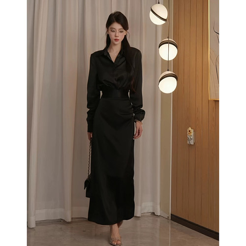 纯欲轻奢御姐风黑色长袖连衣裙女