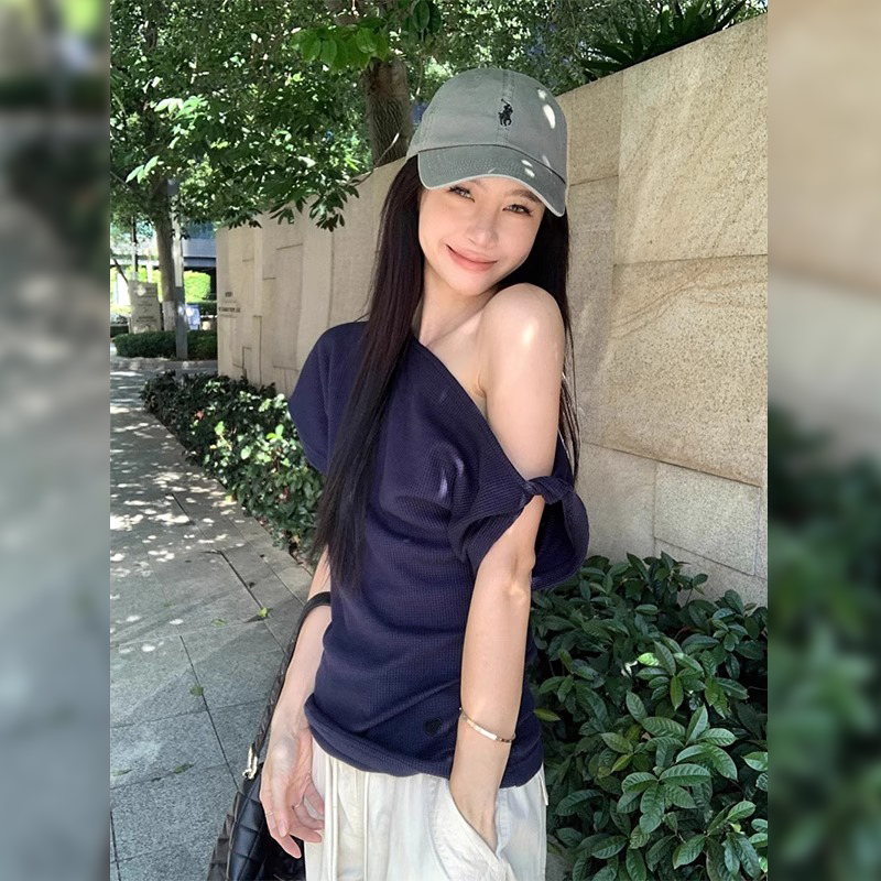 美式不规则斜领坎肩短袖T恤夏季