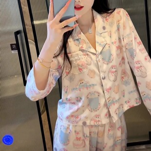韩版 2025春秋季 休闲可外穿休闲薄款 睡衣套装 家居服女 可爱印花短款