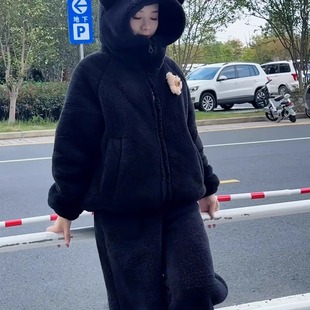 珊瑚绒加厚可爱连帽家居服2025年新款法兰绒休闲可外穿睡衣套装女