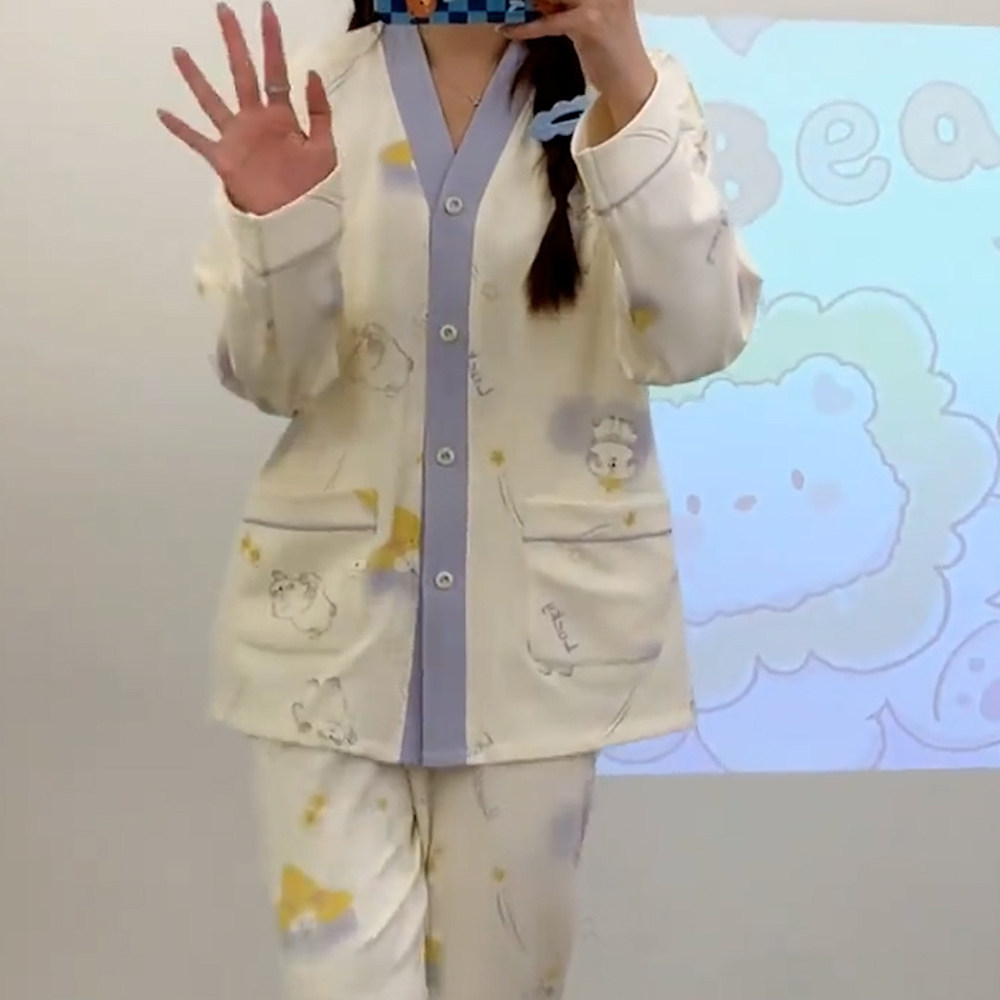 春秋开衫舒适棉质休闲睡衣套装长袖长裤前扣产后月子服哺乳家居服