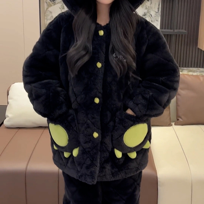 三层夹棉加厚卡通连帽睡衣