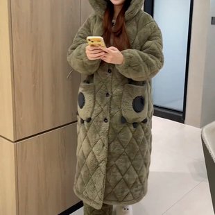 冬季三层夹棉加厚长款家居服两件套女款休闲加绒休闲舒适连帽睡袍