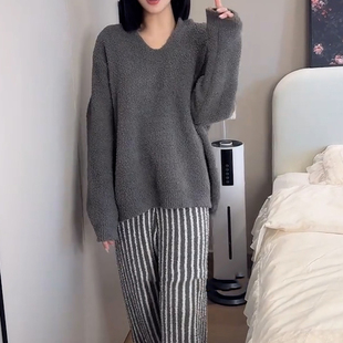 秋冬季 宽松可外穿珊瑚绒家居服 半边绒灰色高级感条纹睡衣套装 女款