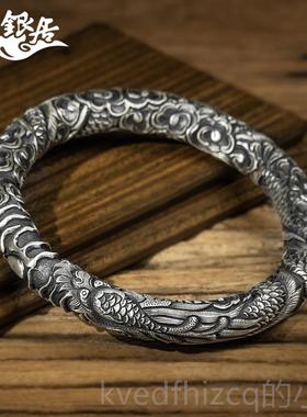 新款祥旧银花居云雪银 原创设计穿云龙足银手镯古法做高工浮南雕.