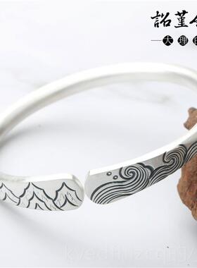 新款手雪花足银999山海图案哑光复古开口实风心情款银镯女手工侣