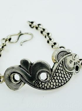 新款红银简99足手镯复女古民族银风开口约铃铛子非鱼手工定制银镯