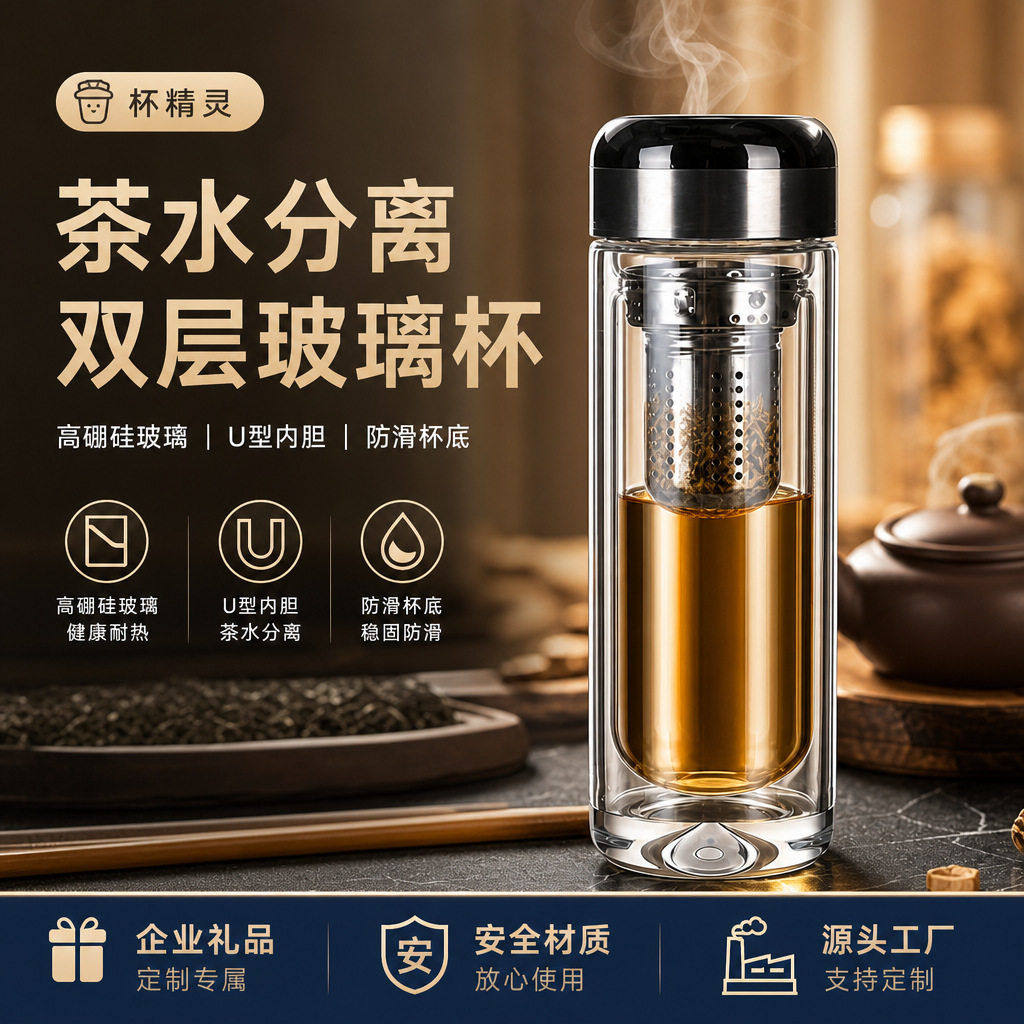 双层玻璃杯士商务硼硅玻璃杯耐温U型内胆泡茶礼品水杯