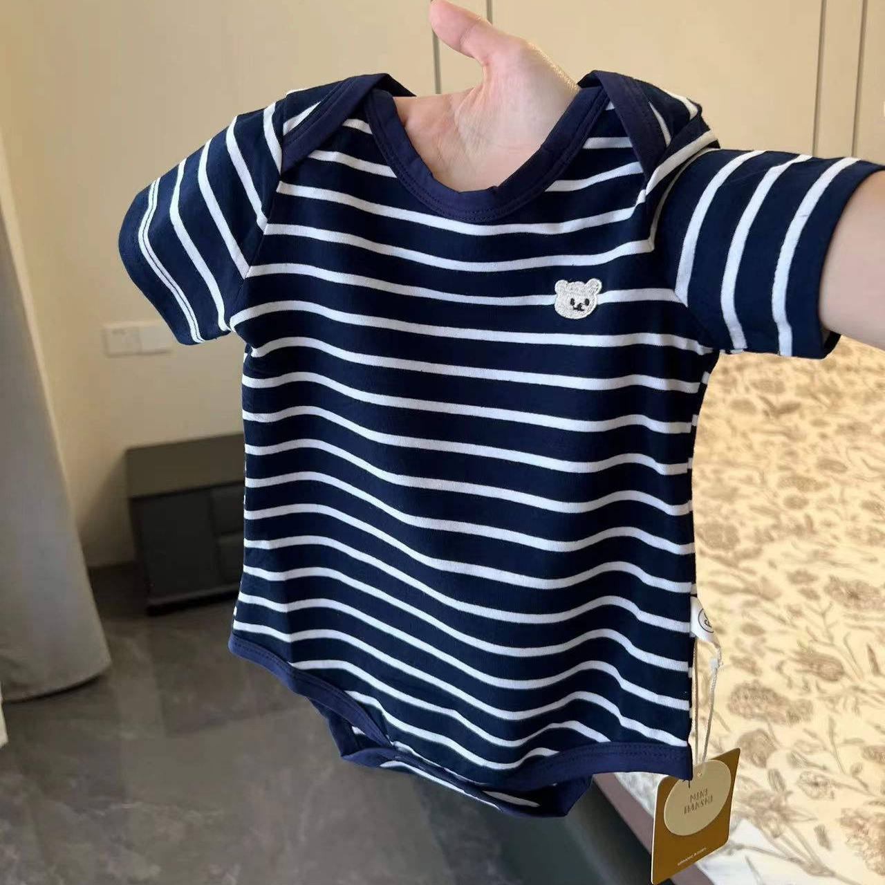 ins婴儿夏季新款宝宝短袖条纹卡通小熊连体哈衣爬服韩版柔软哈衣