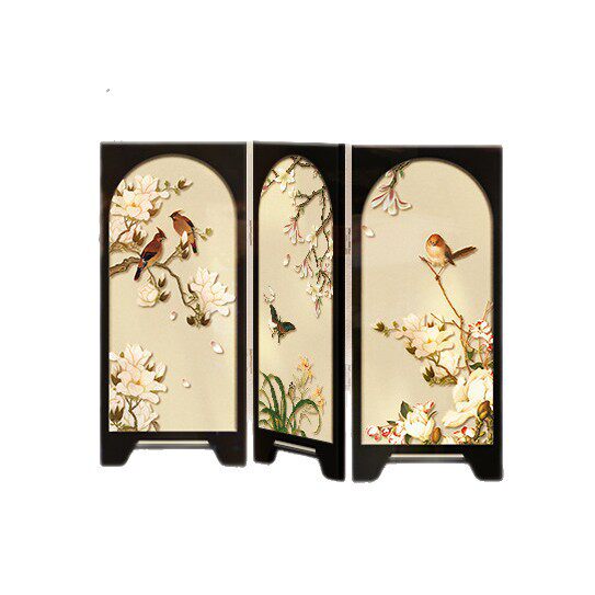 中古风花鸟墨竹折叠屏风桌面摆件新中式茶桌客厅餐边柜斗柜小摆画