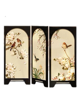 中古风花鸟墨竹折叠屏风桌面摆件新中式茶桌客厅餐边柜斗柜小摆画