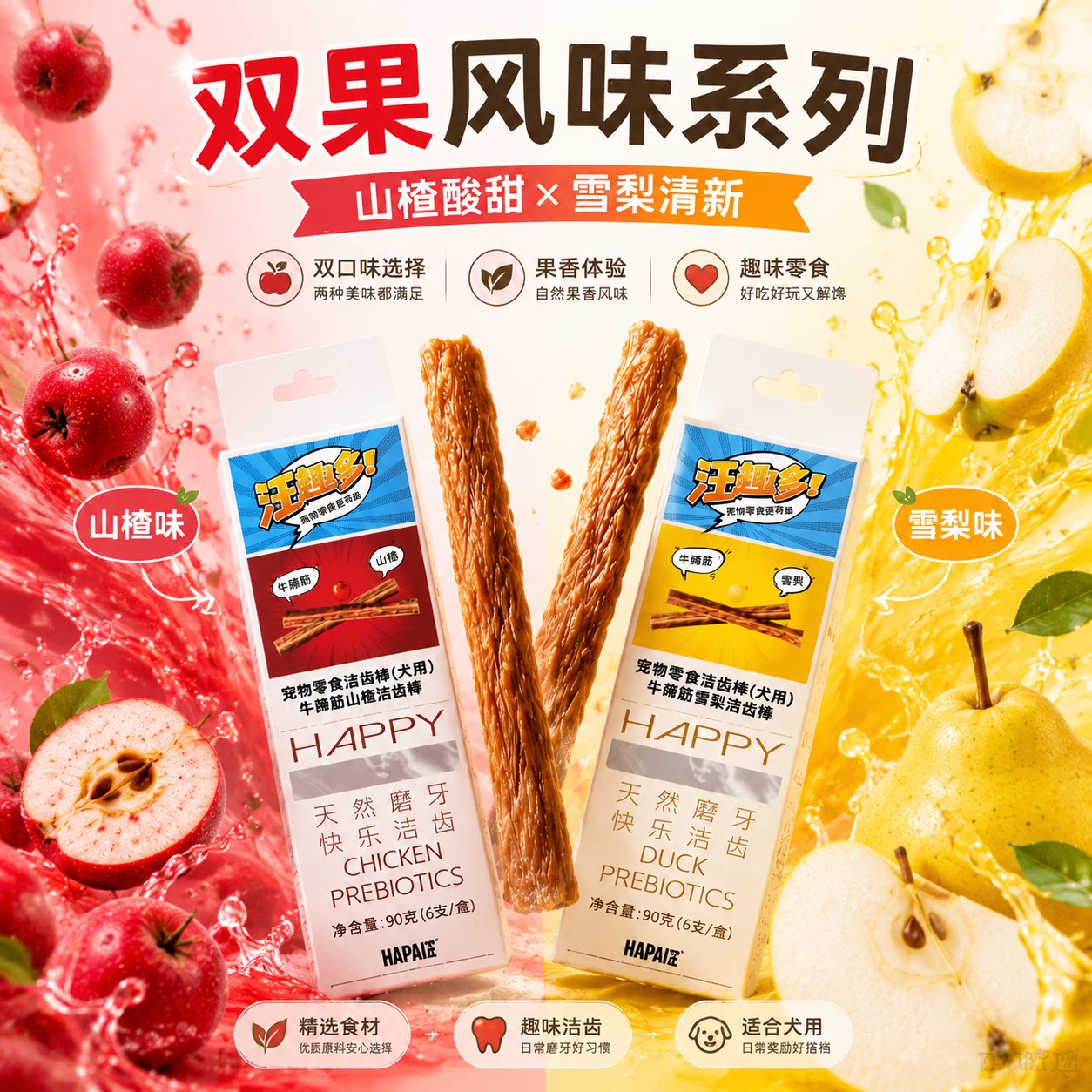汪趣多宠物牛蹄筋洁齿棒山楂味磨牙棒雪梨味狗狗零食犬用