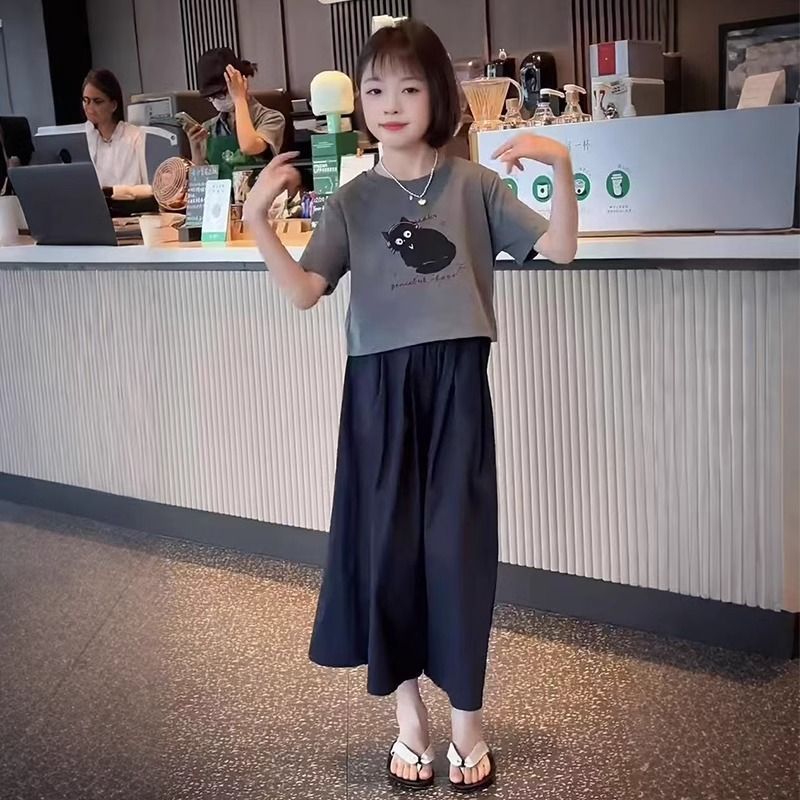 夏季洋气百搭新款学院风短袖两件套时尚小女孩运动服女童休闲套装