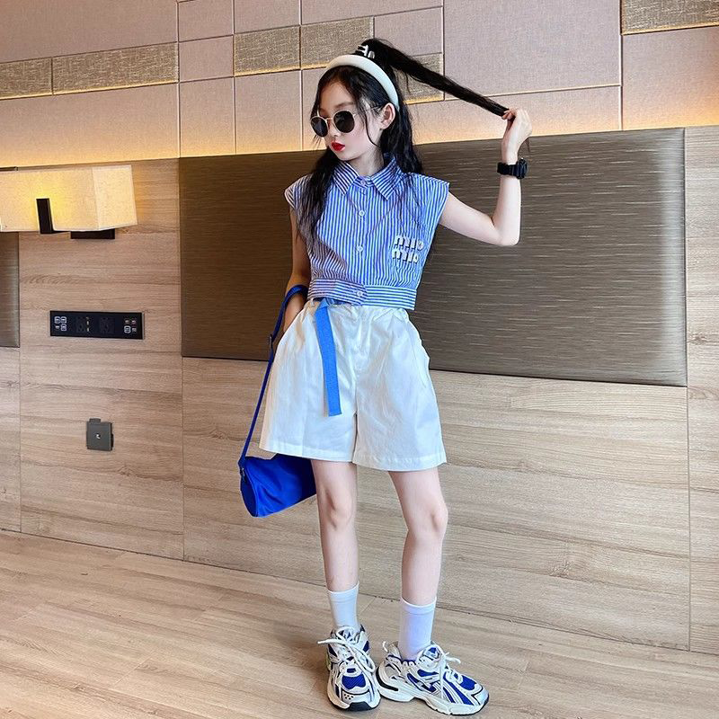 新款百搭时尚女童运动服韩版网红简约夏装条纹上衣短裤休闲两件套
