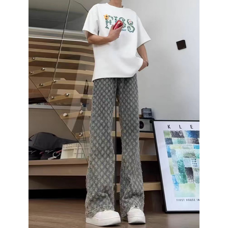 美式提花满印牛仔男夏季薄款痞帅炸街子美式复古直筒微喇辣