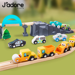 Jadore儿童小汽车模型玩具木质滑行磁性小火车工程车兼容轨道积木