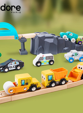 Jadore儿童小汽车模型玩具木质滑行磁性小火车工程车兼容轨道积木