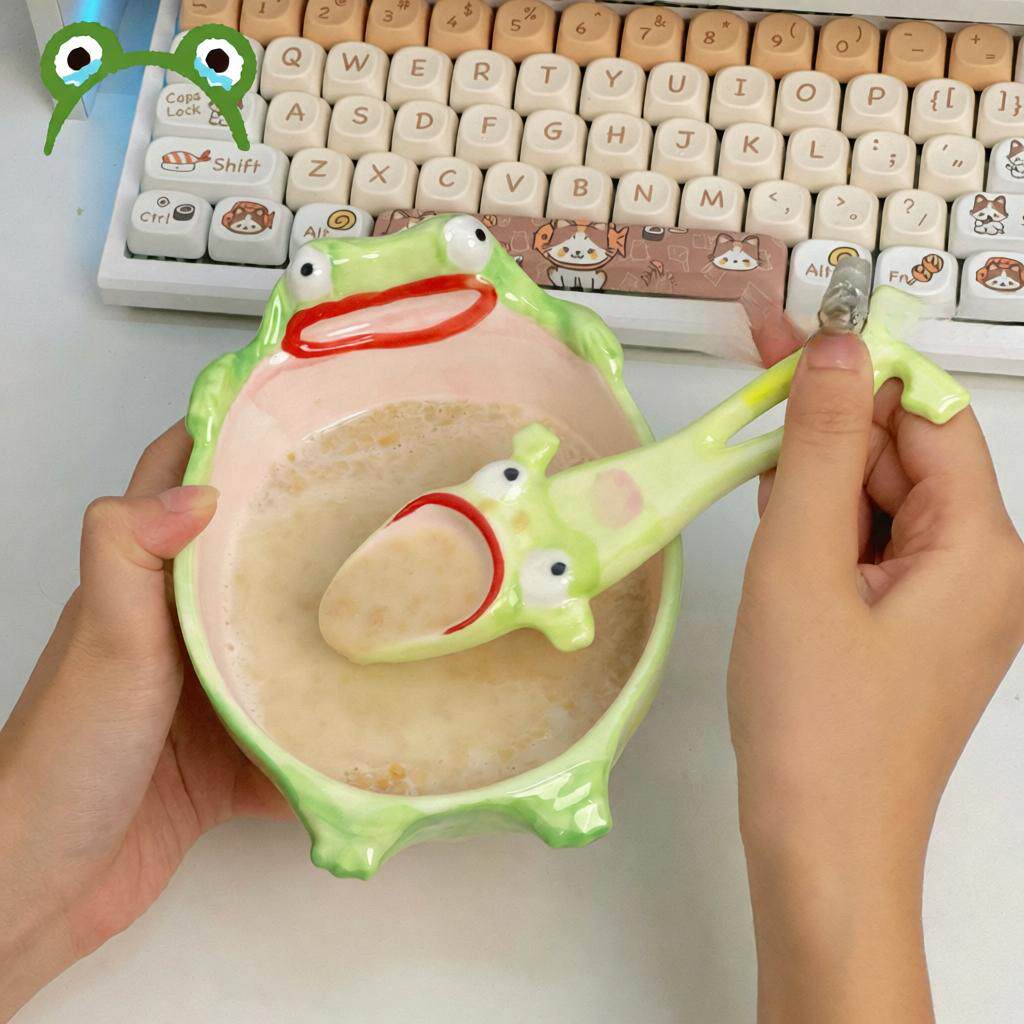 单品青蛙造型陶瓷饭碗配汤匙可爱