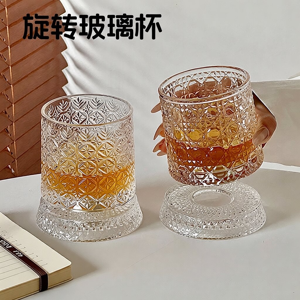 爆款威士忌旋转发光酒杯轻奢浮雕