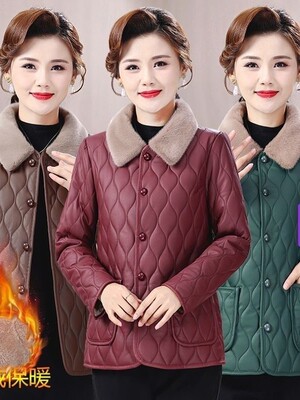 PU皮质妈妈冬装洋气加绒加厚大妈棉服气质中老年短款女装外套女士
