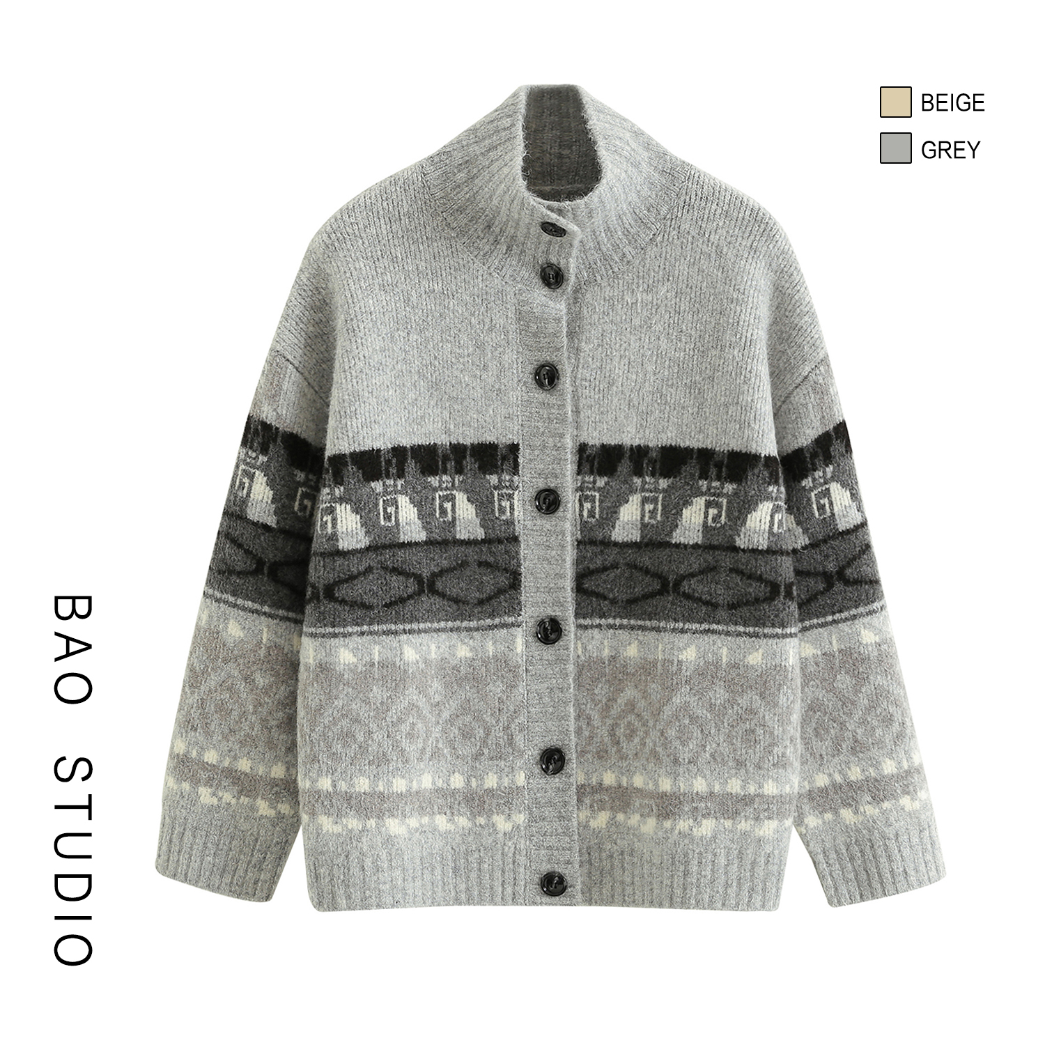 BAO STUDIO冬季费尔岛提花立领长袖加厚针织毛衣小众厚实毛衣外套