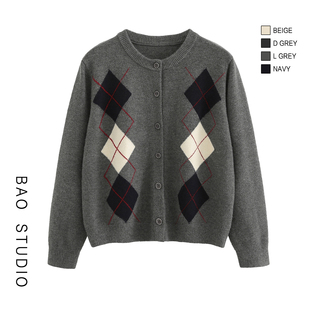BAO STUDIO韩系复古经典菱格圆领针织开衫秋冬季百搭毛衣外套女