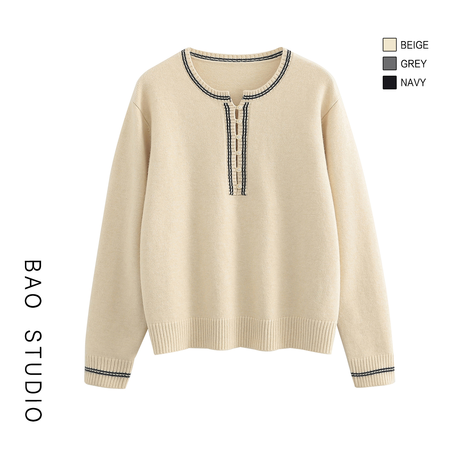 BAO STUDIO韩系极简双线门襟百搭圆领毛衣秋冬软糯宽松显瘦毛衣女