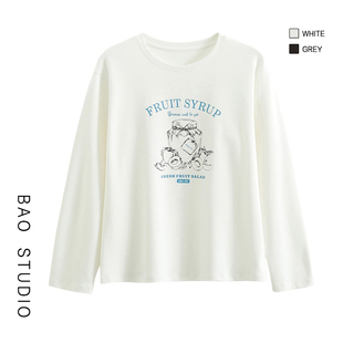 BAO STUDIO 韩系圆领瓶子印花长袖T恤春季新款休闲减龄打底上衣女