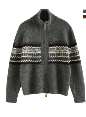 BAO STUDIO韩系氛围感费尔岛提花双拉链毛衣外套冬季温暖宽松毛衣