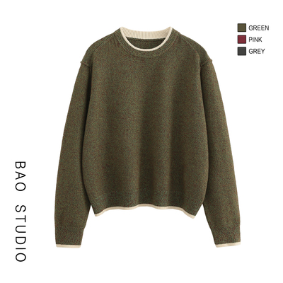 BAO STUDIO复古拼色圆领花纱线内搭毛衣女冬季韩版宽松长袖针织衫