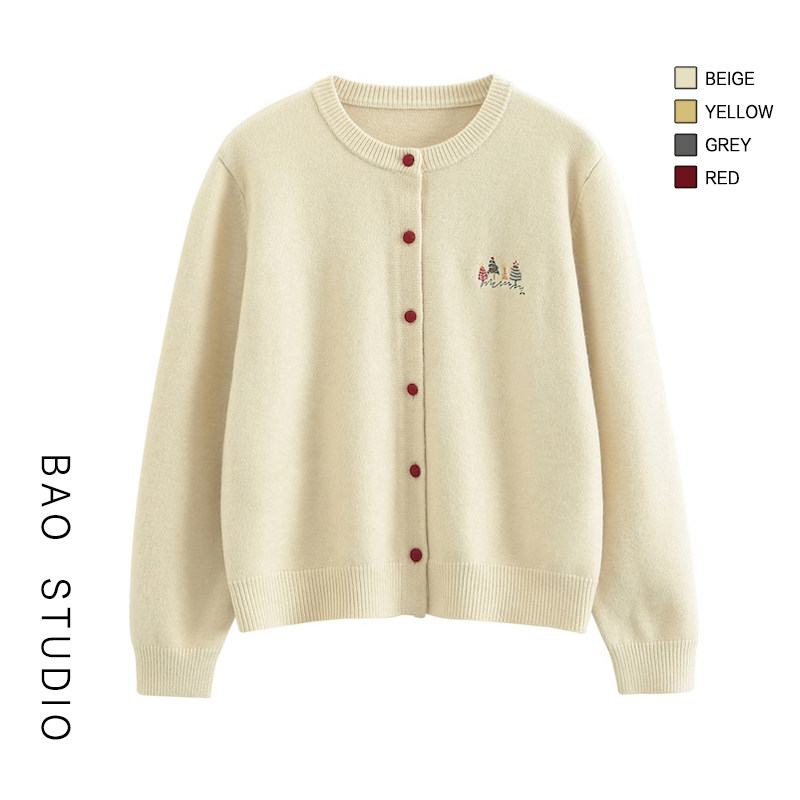 BAO STUDIO 韩系简约刺绣彩色纽扣开衫女设计感小众圆领毛衣外套,女装/女士精品,毛针织衫,淘宝优惠券,粉丝福利购,淘宝优惠卷