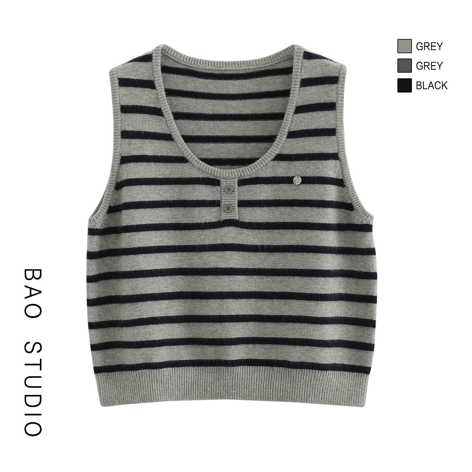 BAO STUDIO韩系极简圆领两粒扣叠搭针织马甲秋冬季宽松内搭背心女