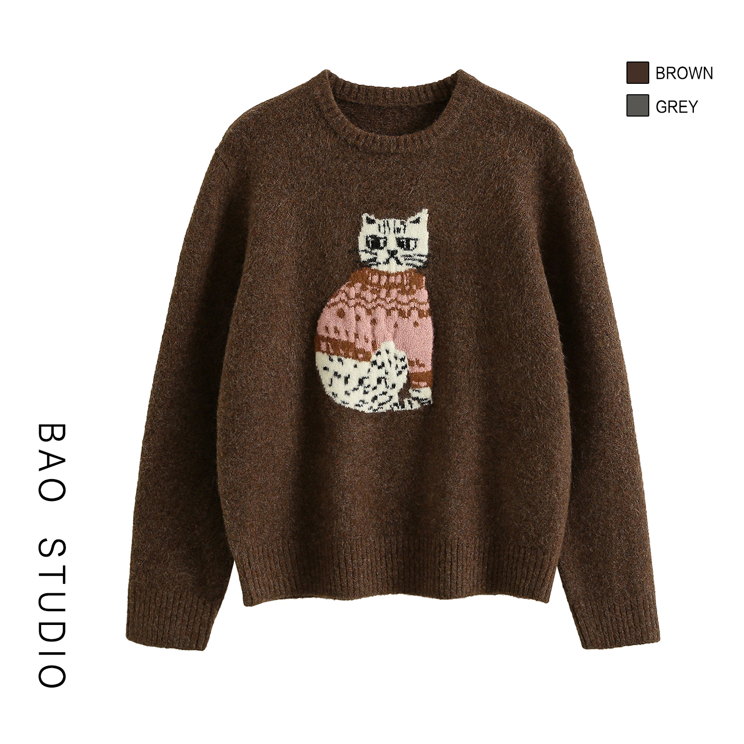 BAO STUDIO韩系博主ins猫咪提花圆领羊毛衫秋冬宽松慵懒显瘦毛衣