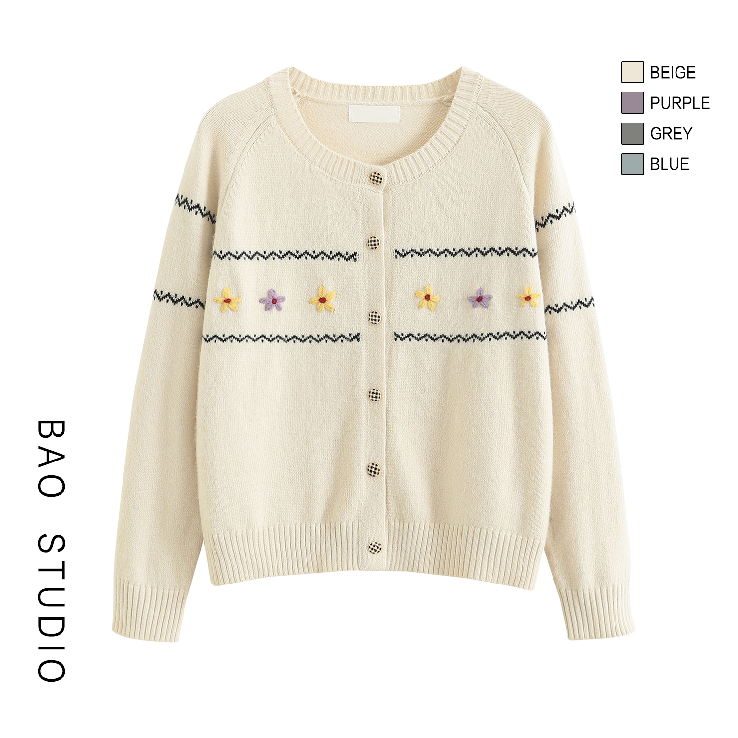 BAO STUDIO韩系ins温柔甜美立体绣花朵圆领长袖开衫秋冬软糯毛衣