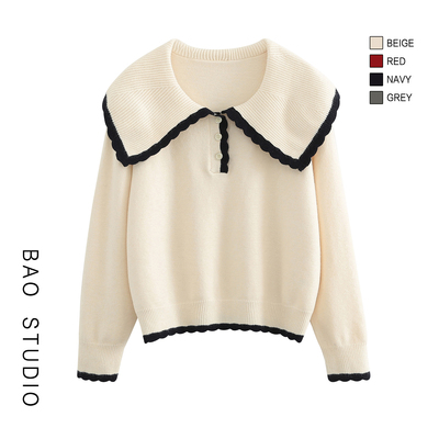 BAO STUDIO韩系甜系娃娃领装修领边显瘦毛衣秋冬宽松慵懒针织衫女