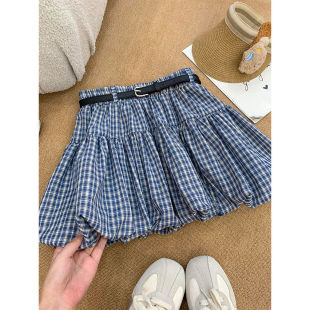 2025新款 韩系简约格子花苞半身裙女夏季 防走光高腰显瘦a字蓬蓬裙