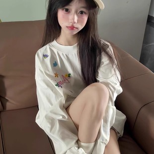 美式 t恤卫衣女秋冬宽松潮牌情侣上衣 高街彩色蝴蝶结涂鸦字母长袖