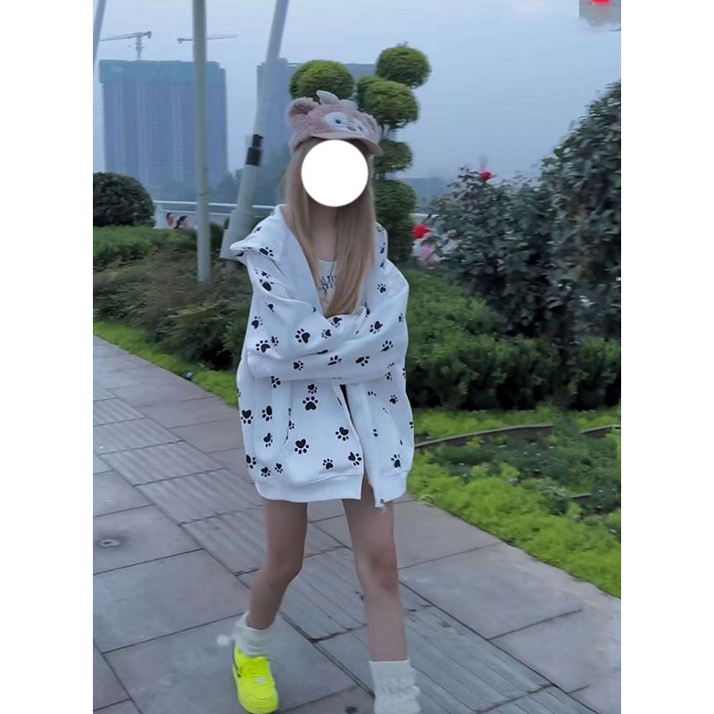 满印狗爪卫衣连帽薄外套