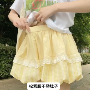 2025夏季 可爱简约花苞裤 裙女格子蕾丝拼接a字甜美设计感灯笼短裤
