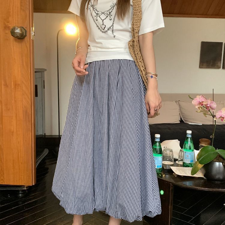黑色格纹云朵花苞裙女遮胯灯笼裙
