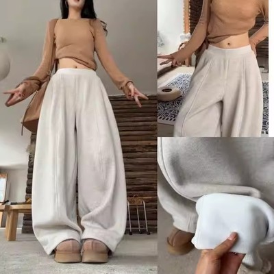 美式杏色休闲阔腿裤潮