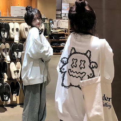 美式卡通纯棉白色圆领卫衣上衣潮