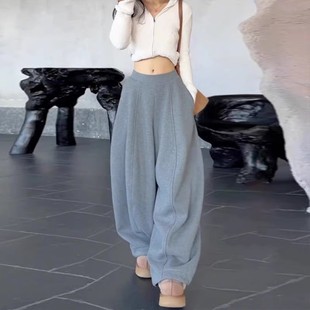 ins 高腰梨型身材垂感显瘦阔腿拖地裤 深灰色休闲弯刀裤 女秋冬新款