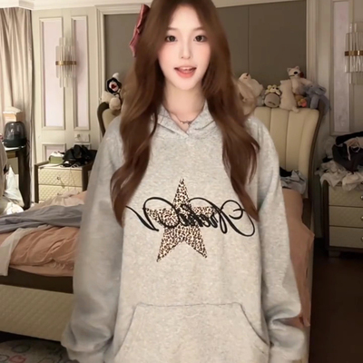 美式复古豹纹星星印花长袖上衣